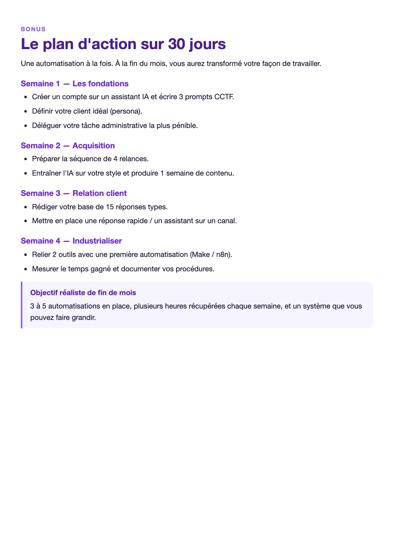 Le plan d'action sur 30 jours